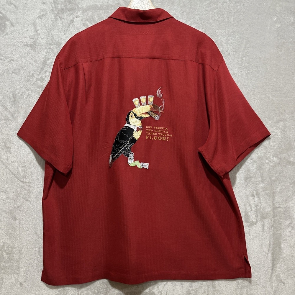 Caribbean Shirt Men's XL Red Hawaiian Toucan Cigar Tequila Short Sleeve Pocket
